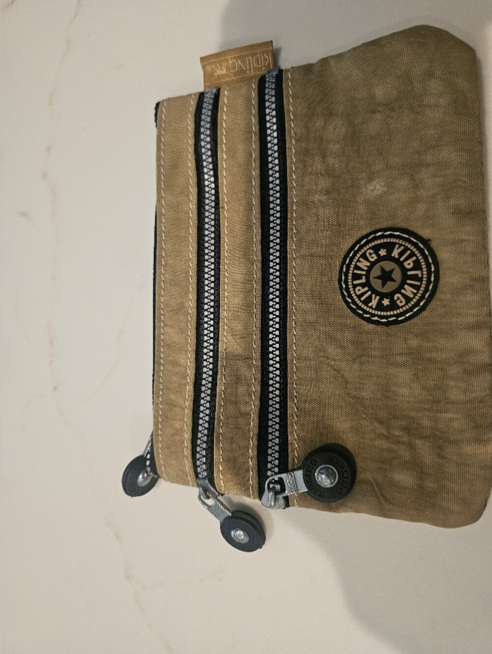 Kipling Men's Triple-Zip Toiletry Pouch - Khaki with Black Accents